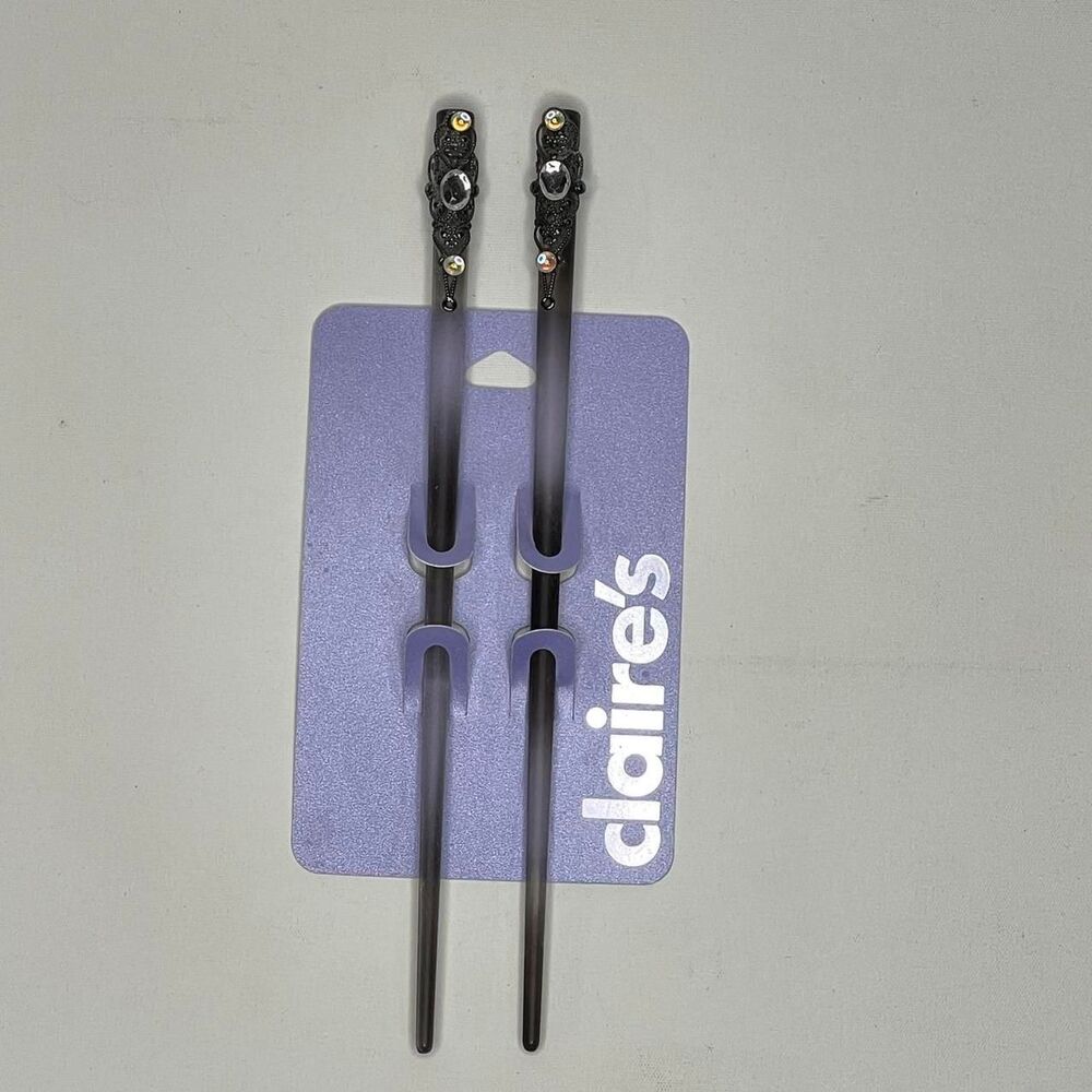 Y2K Claire's Black Silver Hair Chopsticks Accessories Fairy Goth Prom Deadstock - Picture 1 of 7